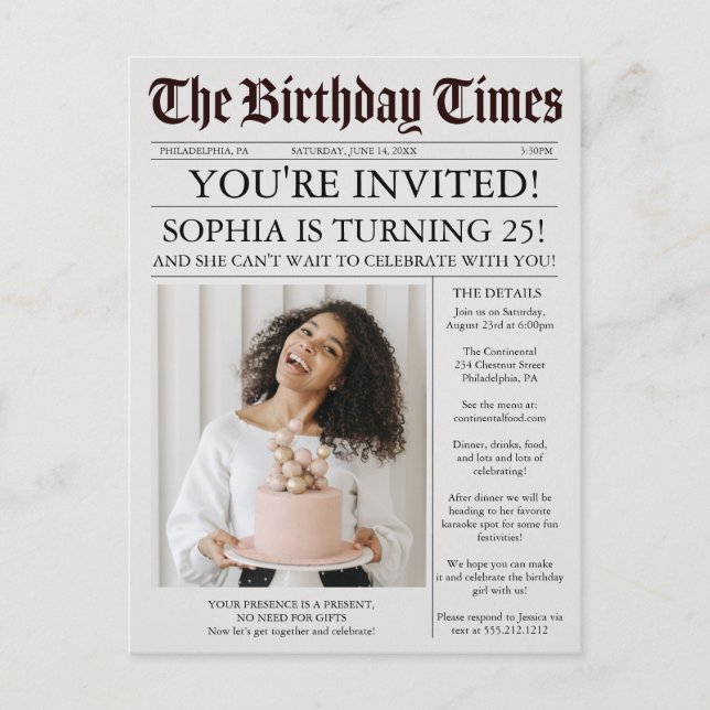 Unique Newspaper Birthday Party Invitation Postcard (Front)