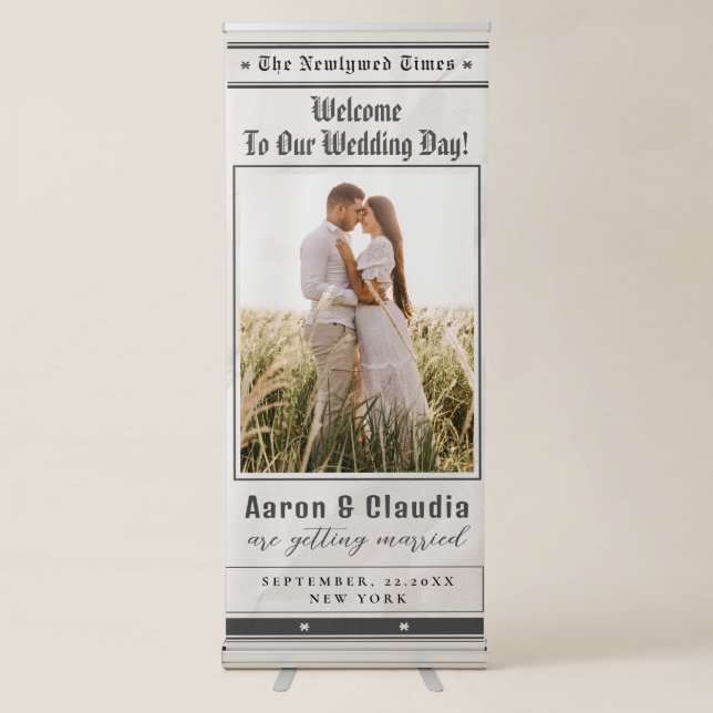 Unique Newspaper Theme Photo Wedding Welcome  Retractable Banner (Front)