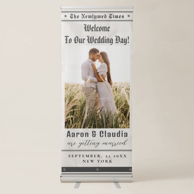 Unique Newspaper Theme Photo Wedding Welcome  Retractable Banner (Front)