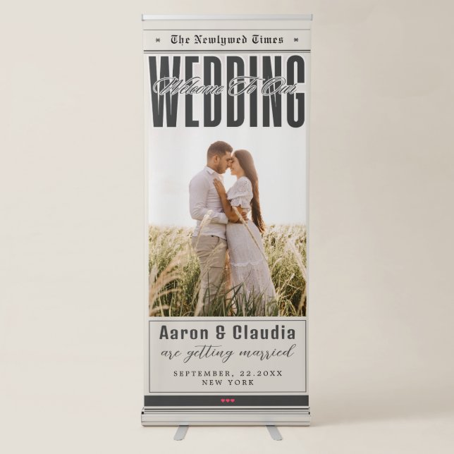 Unique Newspaper Theme Photo Wedding Welcome  Retractable Banner (Front)