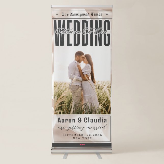 Unique Newspaper Theme Photo Wedding Welcome  Retractable Banner (Front)