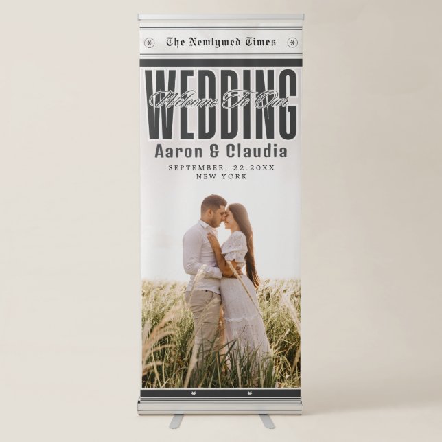 Unique Newspaper Theme Photo Wedding Welcome  Retractable Banner (Front)
