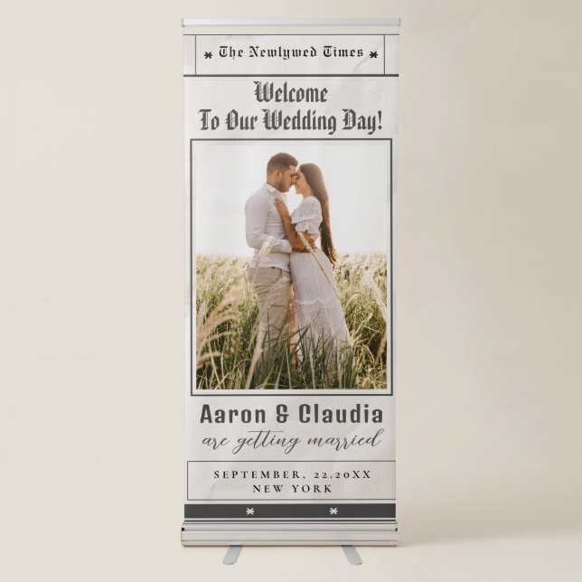 Unique Newspaper Theme Photo Wedding Welcome  Retractable Banner (Front)