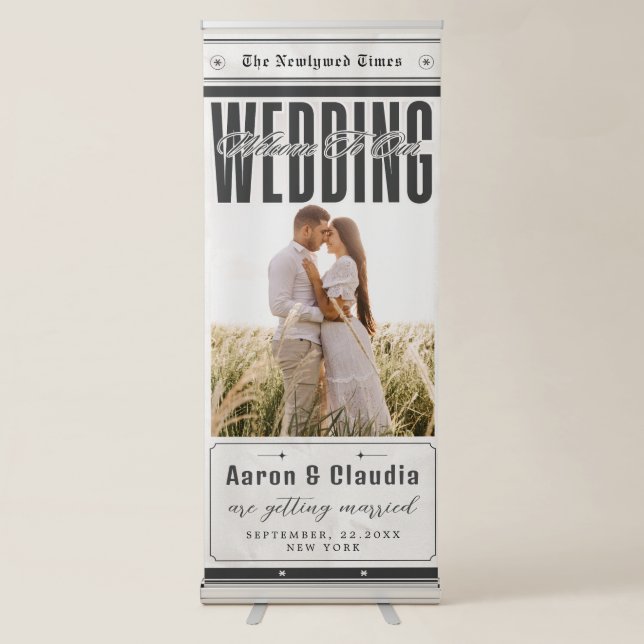 Unique Newspaper Theme Photo Wedding Welcome  Retractable Banner (Front)