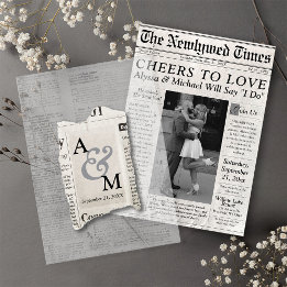 Unique Newspaper Wedding Monogram Modern Overlay Vellum Invitations