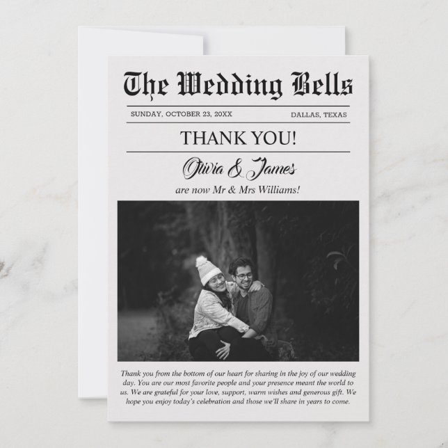 Unique Newspaper Wedding Photo Thank You Card  (Front)