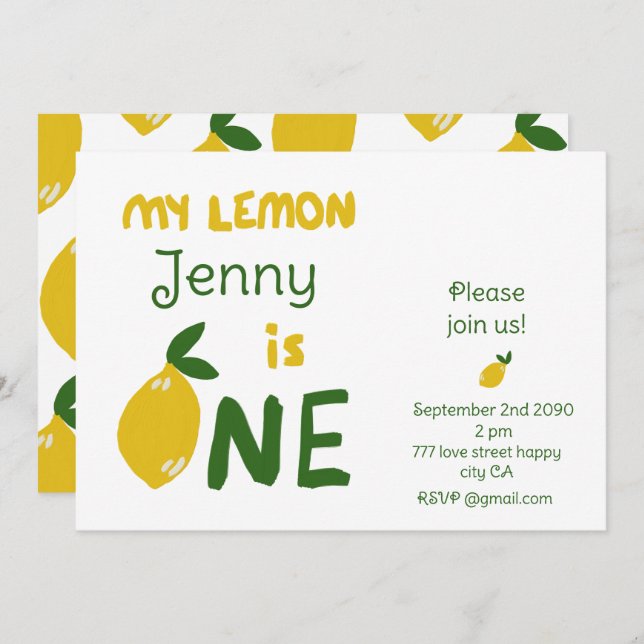 Unique One year old baby birthday lemon cute Invitation (Front/Back)