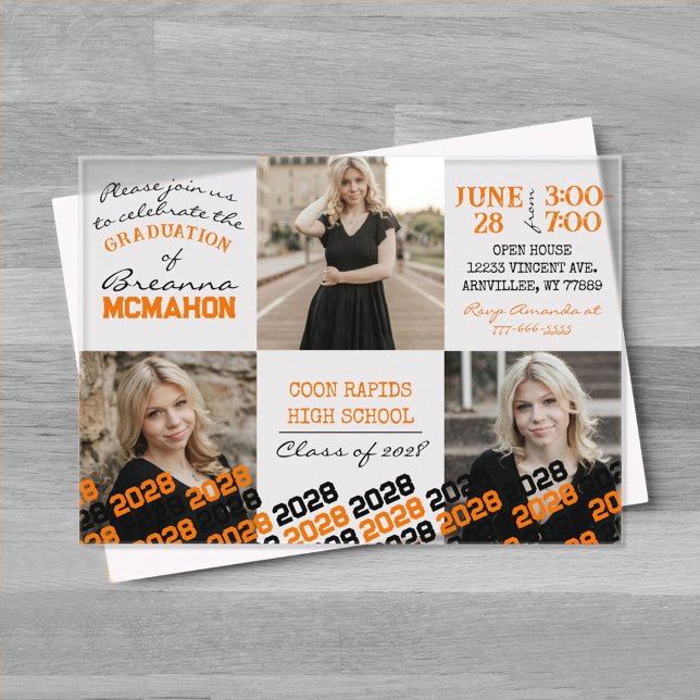 Unique Orange & Black Graduation 3 Photo Frosted  Acrylic Invitations (Unique Orange and Black Graduation Acrylic Party Invitations)