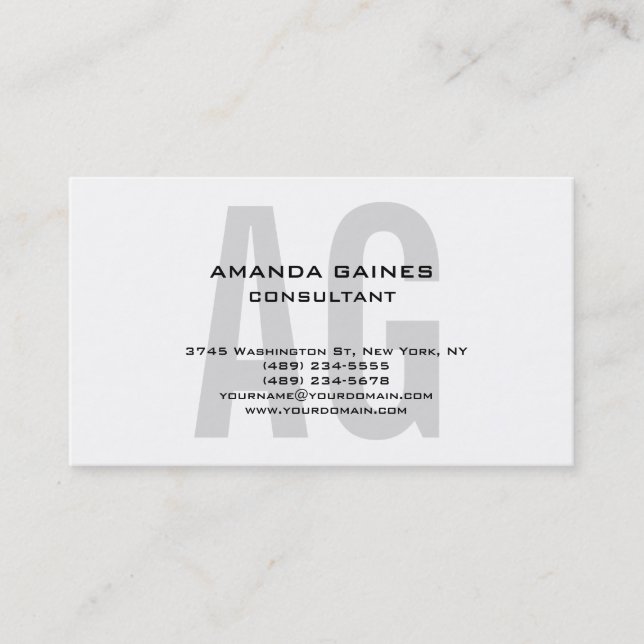 Unique Original Classical Gray Monogram White Business Card (Front)