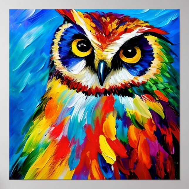Unique Owl Digital Art Colorful Watercolor Art Poster (Front)