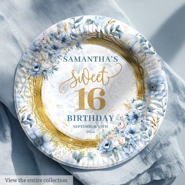 Unique Pastel Blue Sweet Sixteen Gold Glitter   Paper Plates (Unique Pastel Blue Sweet Sixteen Gold Glitter Paper Plates)