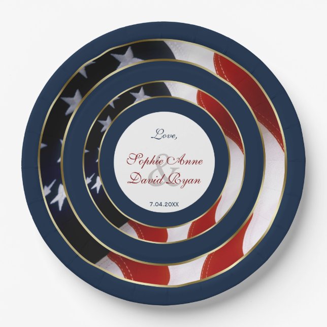 Unique Patriotic Elegant USA Flag Gold Wedding Paper Plates (Front)