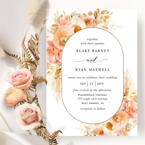 Unique Peach Blush Pink and Cream Oval Wedding Invitation