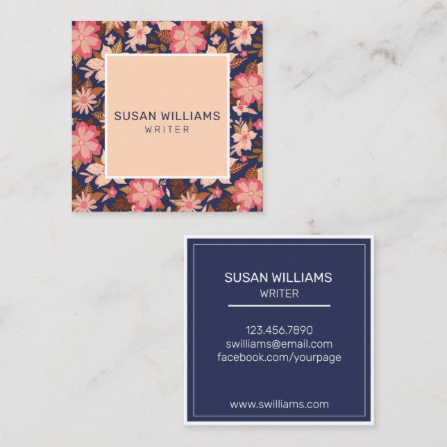 Unique Peach Floral Modern Square Business Card (Front/Back)