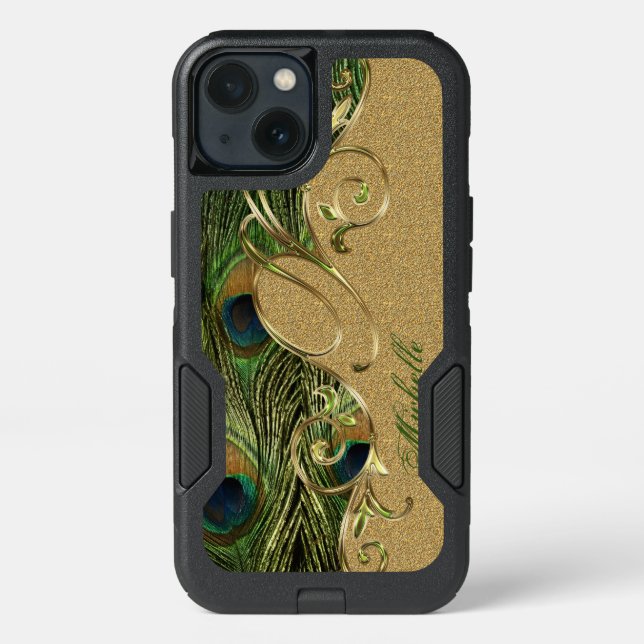 Unique Peacock Feathers Gold Custom Monogram Otterbox iPhone Case (Back)