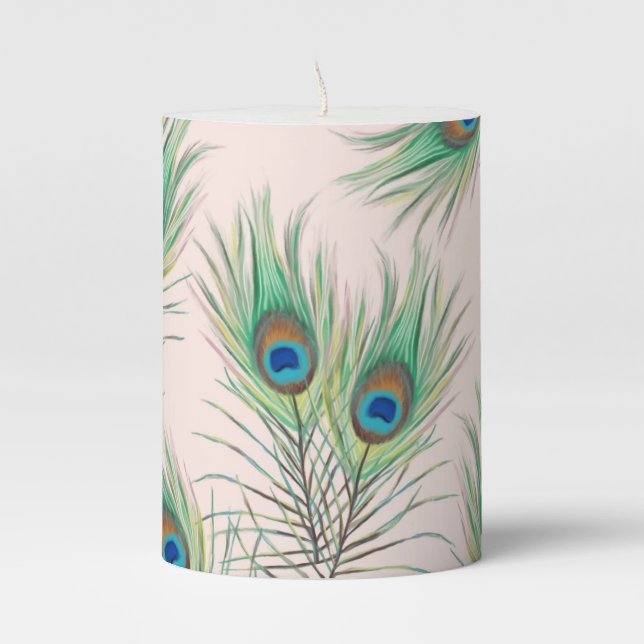 Unique Peacock Feathers Pattern Pillar Candle (Front)