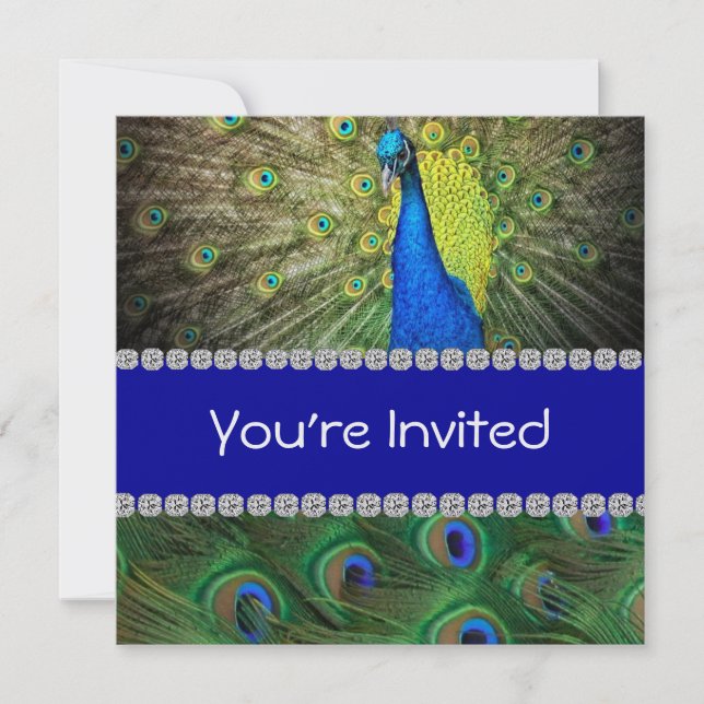 Unique PEACOCK  INVITATION WITH FEATHERS & BLING (Front)