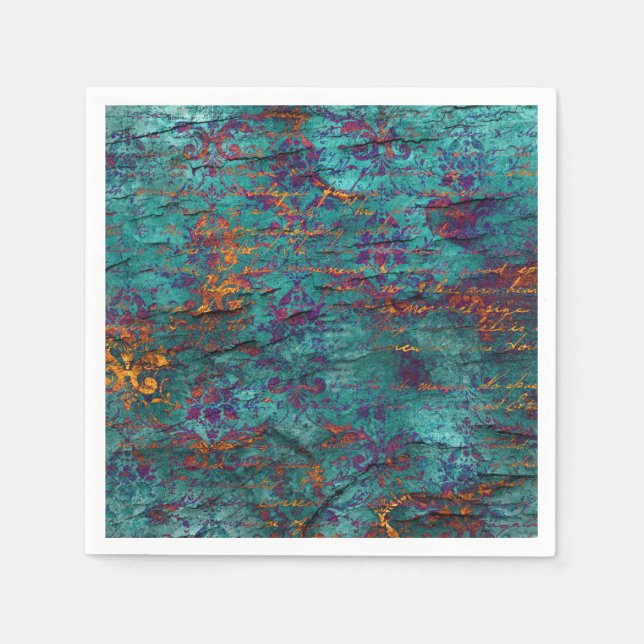 Unique peacock teal, magenta, purple blue texture  napkins (Front)