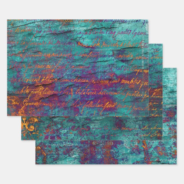 Unique peacock teal, magenta, purple blue texture wrapping paper sheets (Set)