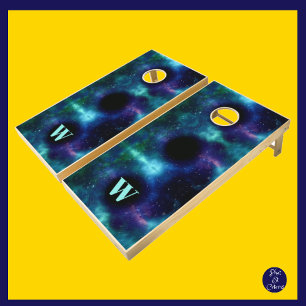 Unique Personalize Galaxy Black Hole Teal Monogram Cornhole Set