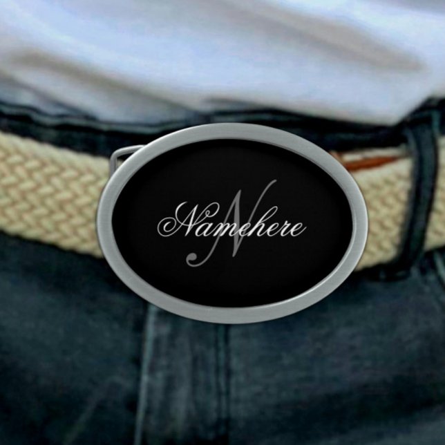 Unique Personalized Black and White Name Monogram Belt Buckle (Creator Uploaded)