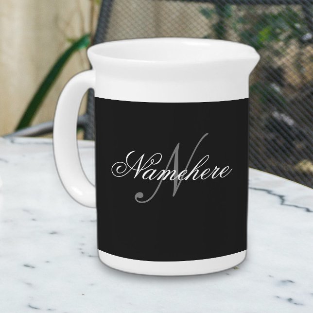 Unique Personalized Black and White Name Monogram Beverage Pitcher (Creator Uploaded)
