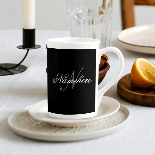 Unique Personalized Black and White Name Monogram Bone China Mug (Creator Uploaded)
