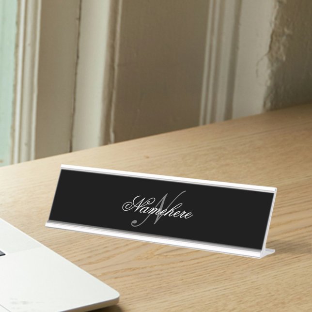 Unique Personalized Black and White Name Monogram Desk Name Plate (Creator Uploaded)