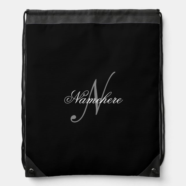 Unique Personalized Black and White Name Monogram Drawstring Bag (Front)