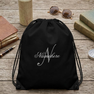 Unique Personalized Black and White Name Monogram Drawstring Bag