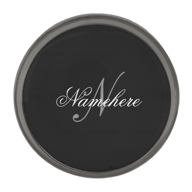 Unique Personalized Black and White Name Monogram Gunmetal Finish Lapel Pin (Front)