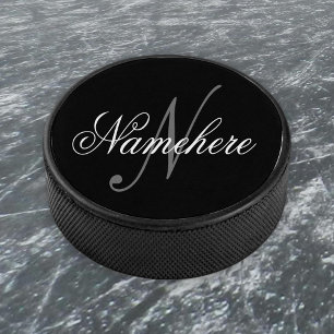 Unique Personalized Black and White Name Monogram Hockey Puck