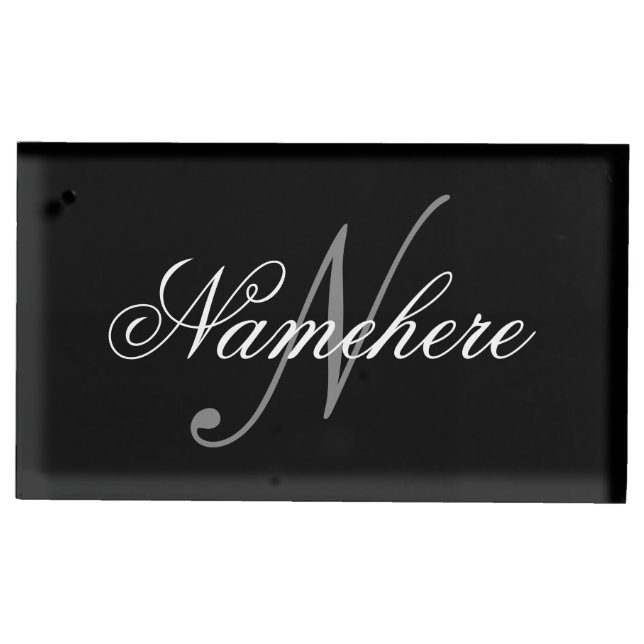 Unique Personalized Black and White Name Monogram Place Card Holder (Front)