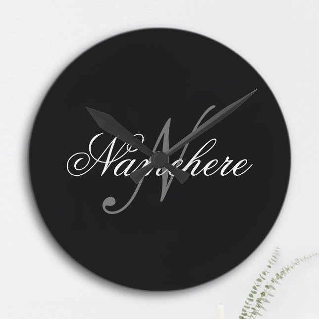 Unique Personalized Black and White Name Monogram Round Clock (Creator Uploaded)