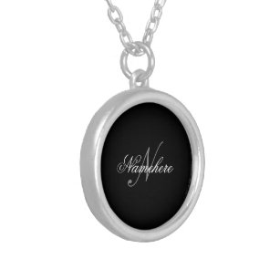 Unique Personalized Black and White Name Monogram Silver Plated Necklace