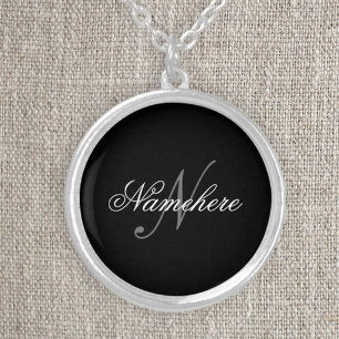 Unique Personalized Black and White Name Monogram Silver Plated Necklace