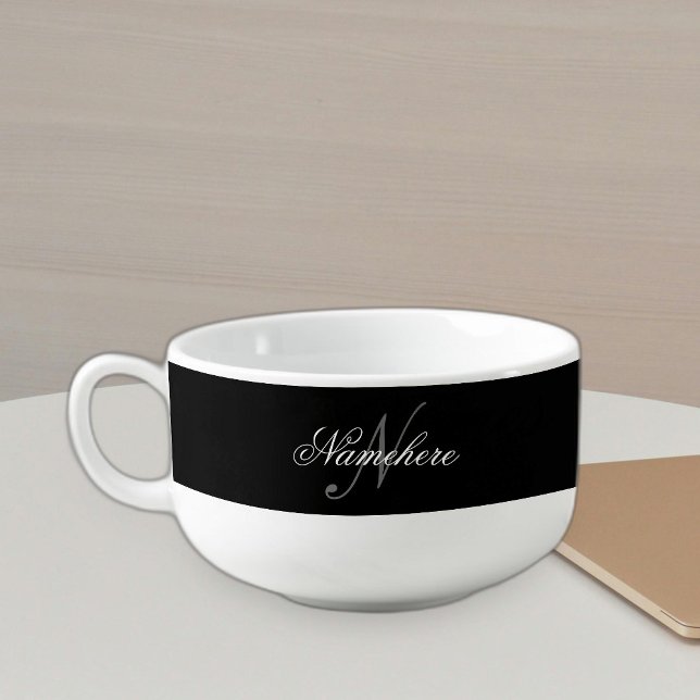 Unique Personalized Black and White Name Monogram Soup Mug (Creator Uploaded)
