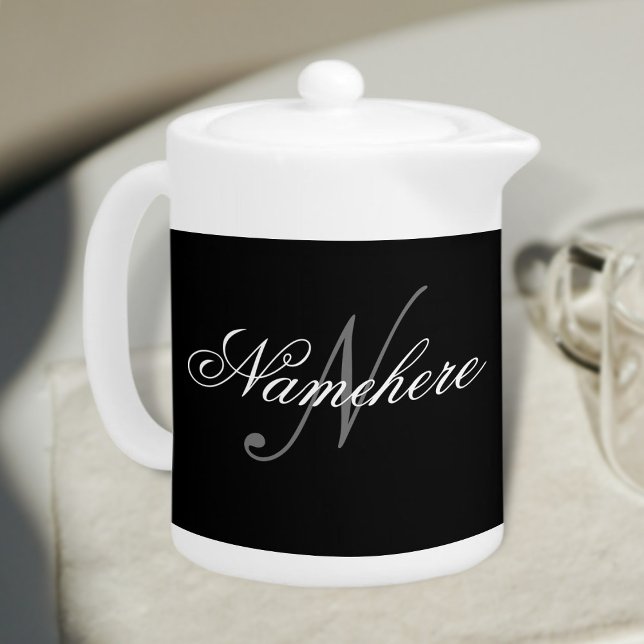 Unique Personalized Black and White Name Monogram Teapot (Creator Uploaded)