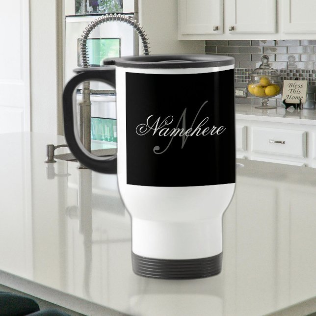 Unique Personalized Black and White Name Monogram Travel Mug (Creator Uploaded)