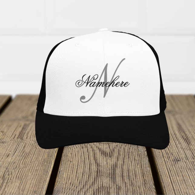 Unique Personalized Black and White Name Monogram Trucker Hat (Creator Uploaded)