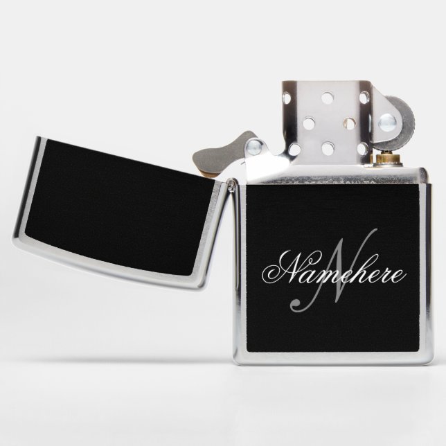 Unique Personalized Black and White Name Monogram Zippo Lighter (Opened)