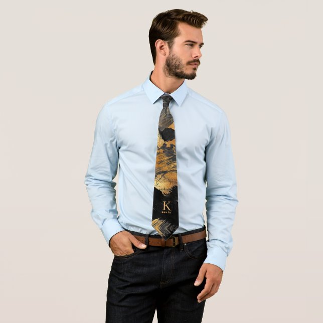 Unique personalized black gold monogram name neck tie (In Situ)
