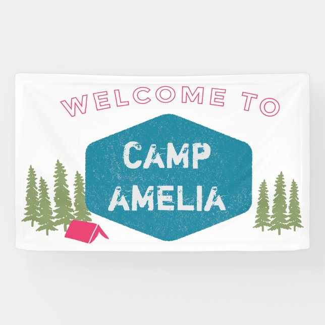 Unique Personalized Camp Name Birthday Party Pink Banner (Horizontal)