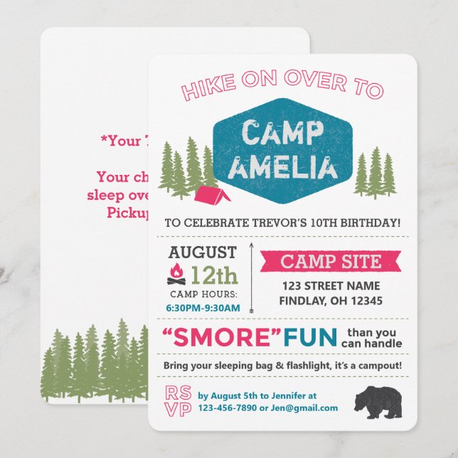 Unique Personalized Camp Name Birthday Party Pink Invitation (Front/Back)