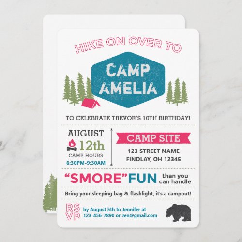 Unique Personalized Camp Name Birthday Party Pink Invitation