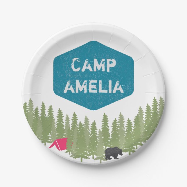 Unique Personalized Camp Name Birthday Party Pink Paper Plates (Front)