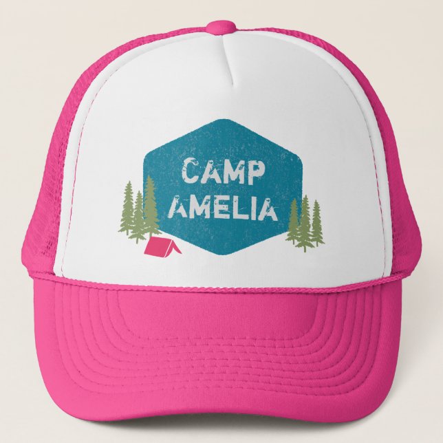 Unique Personalized Camp Name Birthday Party Pink Trucker Hat (Front)