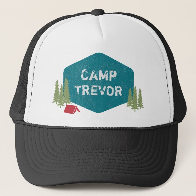 Unique Personalized Camp Name Birthday Party Trucker Hat (Front)