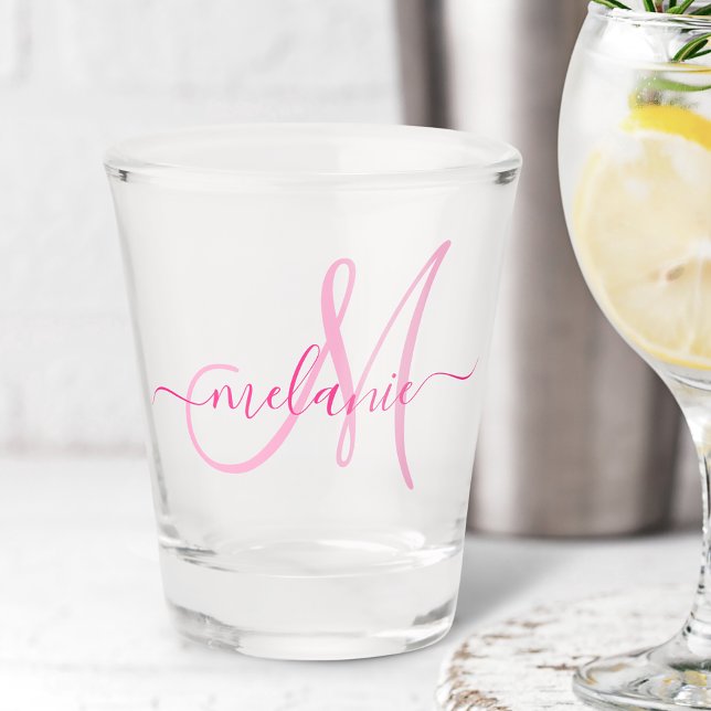 Unique Personalized Monogram Name Script Pink Shot Glass (Creator Uploaded)