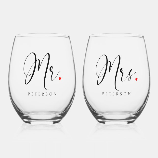 Unique Personalized Mr & Mrs. Rustic Wedding Stemless Wine Glass (Front)